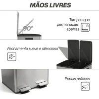 HOMCOM Papeleira de Cozinha em Aço Inoxidável com 2 Compartimentos 2x20L Pedal, Tampas de Fecho Suave e Balde Removível Preto(m-6)