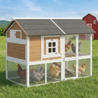 PawHut Hühnerstall Hühnerhaus mit Auslauf Nistkasten herausziehbarem Tablett Asphaltdach für 4 Hühner 200x104x145cm Holz Braun(m-2)