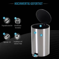 HOMCOM Abfalleimer Mülleimer Treteimer mit Inneneimer 12 L Soft Schließen Edelstahl PP Ø25,8 x H42 cm(m-4)