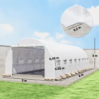 Outsunny Serre de jardin tunnel 24m² 8L x 3l x 2H m - 16 fenêtres, Porte zippée enroulable acier galvanisé, bâche PE, Blanc(m-3)