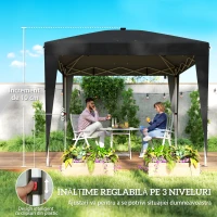 Outsunny Pavilion pliabil 3x3 m, înălțime reglabilă, cu lumină centrală și telecomandă, din metal și poliester, negru(m-7)