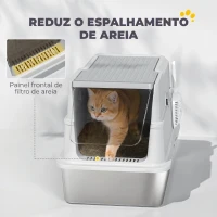 PawHut Caixa de Areia XL em Aço Inoxidável para Gatos, Fechada, com Tampa Rebatível, Bordo Alto, Pá e Sistema Anti-fugas, Cinzento-claro(m-8)