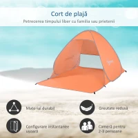 Outsunny Cort de Plajă Pop-Up cu Protecție UV 30+ și Geantă de Transport, 200x150x119 cm, Portocaliu(m-6)