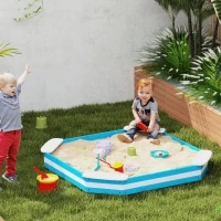 AIYAPLAY Caixa de Areia para Crianças acima de 3 Anos Quadrada com 4 Assentos para Exterior 133x133x16 cm Azul e Branco(m-2)