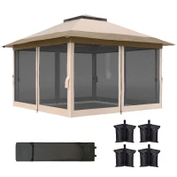 Outsunny Tenda Dobrável 3,6x3,6 m com Laterais de Rede UPF50+ Altura Ajustável Bolsa com Rodas e Sacos de Areia Bege(m-11)
