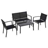 Outsunny Salon de jardin extérieur 4 pièces avec canapé 2 places, 2 chaises et table basse en verre trempé, coussins inclus, noir(m-1)