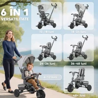 AIYAPLAY Tricicletă Copii 6 în 1, Cărucior și Bicicletă, 1-5 Ani, Max. 25 kg, Pliabilă cu Scaun Rotativ, Copertină, Gri(m-4)