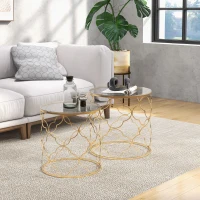 HOMCOM Set de 2 mese de living suprapozabile art deco din metal cu blat din sticlă, auriu(m-2)