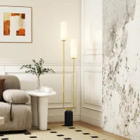 HOMCOM Lampadar în formă de U cu 2 Lumini și Întrerupător de Picior, Lampă de Podea din Sticlă și Oțel cu Bază de Marmură, 26x12x150 cm, Alb Negru și Auriu(m-2)