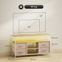 HOMCOM Móvel de TV com Luz LED Tomadas Portas USB 4 Gavetas de Tecido para Televisão até 50 Polegadas 120x30x67,5 cm Bege e Madeira(m-3)