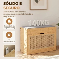 HOMCOM Banco Sapateira de Entrada com Assento Acolchoado Gaveta Basculante Porta de Vime 63x29x48 cm Madeira e Cinzento(m-7)