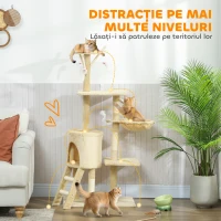 PawHut Turn pentru Pisici cu Căsuță, Platformă, Suport și 4 Șoricei Agățați, 60x35x134 cm, Bej(m-4)