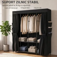 HOMCOM Garderobă Textilă cu 3 Bare și 3 Rafturi, Oțel și Material Netesut, 130 x 45 x 167 Cm, Negru(m-6)