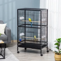 PawHut Gaiola para Pássaros com 4 Rodas Gaiola para Pássaros Metálica com Múltiplas Portas 4 Comedouros Bebedouro 2 Poleiros e Bandeja para Louros Canários Periquitos 79x52x137cm Preto(m-3)