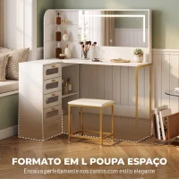 HOMCOM Penteadeira de Maquilhagem com Espelho LED, Banco, 5 Gavetas, 2 Compartimentos e 2 Prateleiras em Vidro, Branco(m-6)