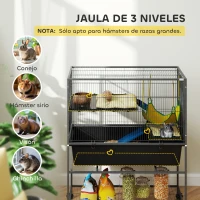 PawHut Jaula para Animales Pequeños de 3 Niveles con Rampas Antideslizantes Puertas Amplias y Ruedas con Freno 88x48x102cm Gris(m-4)