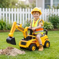 AIYAPLAY Tractopelle Enfant, Porteur Pelleteuse avec Casque de Sécurité, Klaxon et Bras d'Excavation Amovible, 1 à 4 Ans, Jaune(m-9)