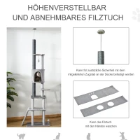 PawHut Kratzbaum Deckenhoch Höhenverstellbar 225-255 cm Katzenturm mit 6 Ebenen 3 Höhlen Katzenspielzeug Kratzbrett Katzenkratzbaum für mittelgroße Katzen, Hellgrau(m-6)
