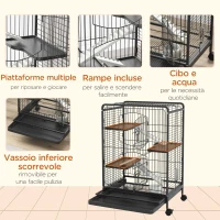 PawHut Gabbia per Piccoli Animali e Piccoli Roditori con Ruote, Gabbietta per Conigli e Cincillà con 3 Rampe e 3 Piattaforme, Ciotola e Bottiglia, 61.5x44x95 cm, Nero(m-6)