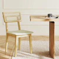 HOMCOM Esszimmerstuhl, Rattan-Rückenlehne, Kunstleder-Sitz, Kautschukholz, Naturholz(m-10)