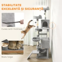 PawHut Copac de zgâriat pentru pisici cu scară, 2 hamace, 3 platforme, 2 căsuțe și 3 locuri de odihnă, 48x48x192 cm, Gri și Crem(m-6)