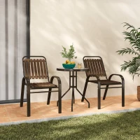 Outsunny Conjunto de Jardim de 3 Peças com 2 Cadeiras Empilháveis Mesa com Bancada de Vidro Temperado Marrom Escuro(m-10)