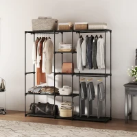 HOMCOM Armário para Roupas 182x43x185 cm Armário Aberto com 8 Prateleiras de Tecido Barras para Pendurar  182x43x185 cm Preto(m-10)