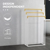 kleankin Suport independent pentru prosoape cu 3 bare din bambus și oțel, 45x22,5x86 cm, alb și culoarea lemnului(m-6)