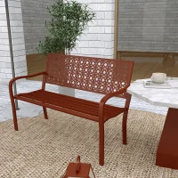 Outsunny Außenbank, Gartenbank aus Stahl, Ausgeschnittene Rückenlehne, Armlehnen, für 2 Personen, Rot(m-10)