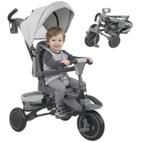 AIYAPLAY Tricicletă Copii 6 în 1, Cărucior și Bicicletă, 1-5 Ani, Max. 25 kg, Pliabilă cu Scaun Rotativ, Copertină, Gri(m-11)