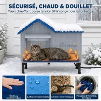 PawHut Niche Chauffante pour Chat d'Extérieur Imperméable Base Surélevée 5 cm Coussin Chauffant 55°C 51 x 41 x 55 cm Gris Clair(m-5)