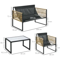 Outsunny Conjunto de Jardim Exterior em Rattan Sintético com 2 Poltronas 1 Sofá de 2 Lugares 1 Mesa de Centro e Almofadas Creme(m-4)