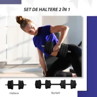 SPORTNOW Set 2 în 1 cu 2 gantere convertibile în halteră, greutate totală 20 kg și discuri de greutăți reglabile, negru(m-4)