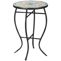 Outsunny Mesa de Jardim Redonda Mesa Auxiliar de Mosaico com Pés de Metal para Pátio Terraço Exterior Varanda Ø35,5x53,5 cm Turquesa(m-11)