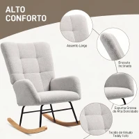 HOMCOM Cadeira de Baloiço em Veludo Teddy com Apoios de Braços, Acolchoamento Espesso e Pés de Madeira, Cinzento-Claro(m-5)