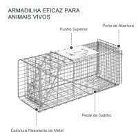 Outsunny Armadilha para Animais Vivos Dobrável 66x24x30,5 cm Gaiola de Captura com Porta e Alça para Coelhos Roedores Prata(m-6)