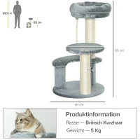 PawHut Kratzbaum 65 cm Kleiner Katzenbaum mit Katzenbett, Liegeplattform, Katzenkratzbaum mit Sisalsäulen Katzenmöbel für Katzen bis 3,5 kg, Grau(m-3)