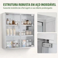 HOMCOM Armário de Medicamentos de Parede com Fechadura, Portas de Vidro, Prateleiras e 2 Chaves para Casa de Banho e Cozinha 46x12x48 cm Prateado(m-7)