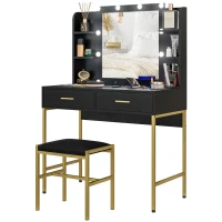 HOMCOM Coiffeuse avec miroir et éclairage intégré, tabouret rembourré, 2 tiroirs, étagères, coiffeuse moderne, noir(m-12)