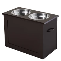 PawHut Futterstation, 2 Fressnäpfe aus Edelstahl, versteckter Stauraum, 60 cm x 30 cm x 41 cm, Schwarz + Silber(m-11)