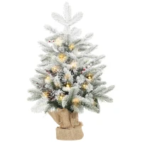 HOMCOM Mini Árvore de Natal Artificial com 35 Luzes LED 182 Ramos com Neve Pinhas Bagas e Base de Saco de Juta Ø48x60 cm Verde(m-11)