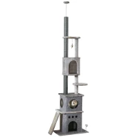 PawHut Kratzbaum Deckenhoch Höhenverstellbar 225-255 cm Katzenturm mit 6 Ebenen 3 Höhlen Katzenspielzeug Kratzbrett Katzenkratzbaum für mittelgroße Katzen, Hellgrau(m-1)