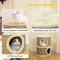 PawHut Căsuță pentru Pisici cu Stâlp de Zgâriat, Tip Turn, 2 Culcușuri, Sisal și Iarbă de Mare, Margini din Pluș, Kaki(m-5)