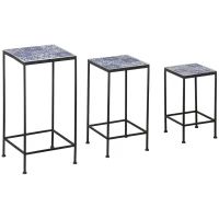 Outsunny Suporte para Vasos de Metal 3 Peças Empilháveis Suporte para Plantas com Bancada de Azulejo Decorativa para Interiores e Exteriores 31,5x31,5x60,5 cm Azul e Preto(m-11)