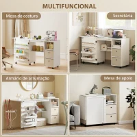 HOMCOM Mesa de Costura Dobrável com 6 Rodas Móvel para Máquina de Costura com 18 Pinos para Linhas 2 Gavetas 146,4x40x77,5 cm Branco(m-6)