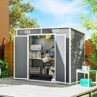 Outsunny 2,4 x 1,3 m Gartenschuppen, Kunststoff-Gartenhaus mit Boden, Fenster, verschließbare Türen, für Garten, Terrasse, Grau(m-2)