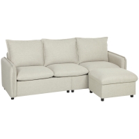 HOMCOM Canapé 3 places avec pouf de rangement, canapé d'angle modulable 212 cm, coussins à ressorts, tissu en lin, crème