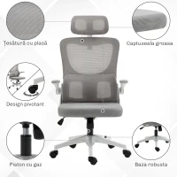 Vinsetto Scaun de Birou Ergonomic cu Înălțime Reglabilă și Tetieră, 60x59x114-122 cm, Gri(m-15)