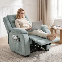 HOMCOM Cadeirão Relax Reclinável Elétrico em Tecido Efeito Linho com Molas, Apoio para os Pés, Telecomando, USB e 2 Bolsos Laterais Verde(m-10)
