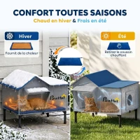 PawHut Niche Chauffante pour Chat d'Extérieur Imperméable Base Surélevée 5 cm Coussin Chauffant 55°C 51 x 41 x 55 cm Gris Clair(m-6)